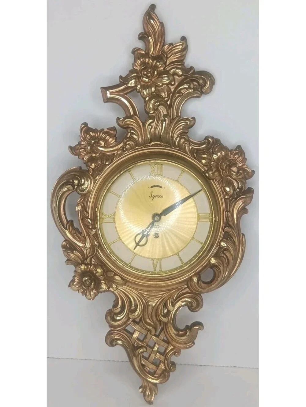 VTG Syroco Wall Clock Mid-Century Gold Tone Wind Up Works But NO KEY 22